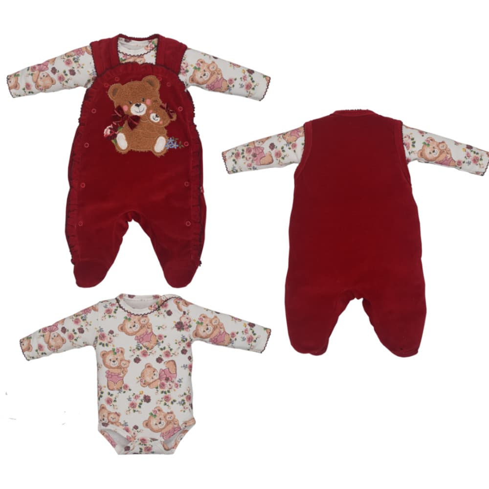 Macacão Com Body Bebê Menina Suedine Veludo Bordado Upi Uli