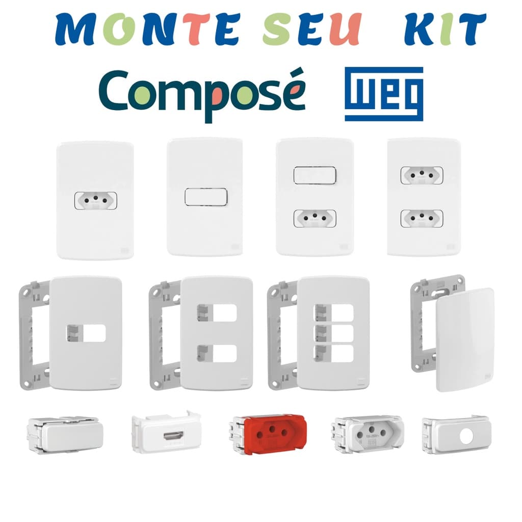 Tomada 10A Tomada 20A Interruptores Placa 4x2 Placa 4x4 Teclas Módulos Cega - Composé WEG - Branco