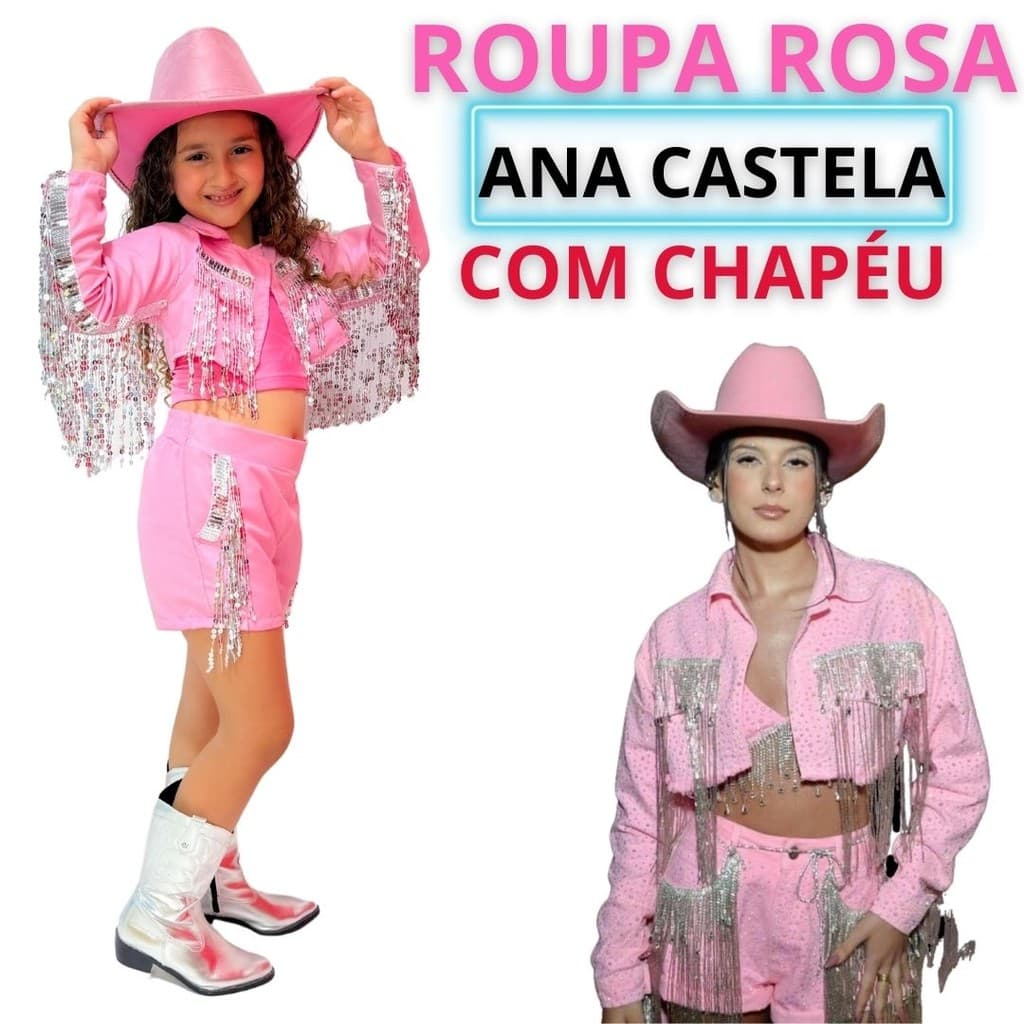 Roupa Rosa Ana Castela Conjunto Boiadeira Infantil Fantasia  Country Menina Chapéu tema aniversario