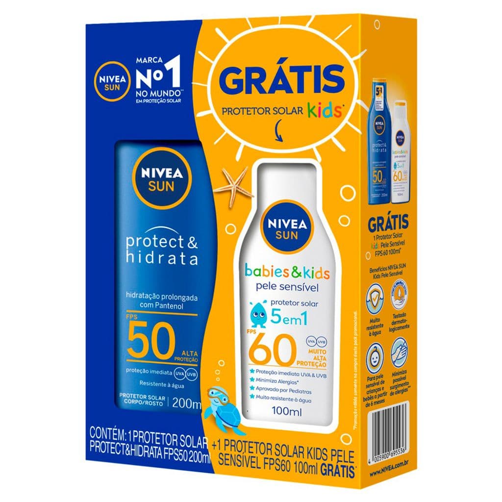 Protetor Solar Nivea Sun Protect & Hidrata FPS 50 Loção 200ml e Ganhe Protetor Solar Nivea Sun Kids FPS 60 Loção 100ml