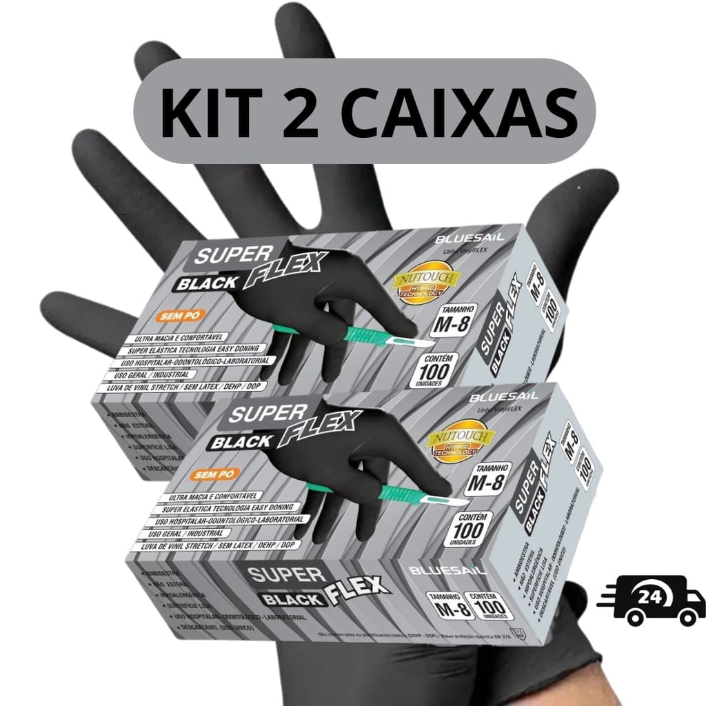 Kit 2 Luva Vinil Nitrilica Preta Sem Pó Descartável 200 Unidades