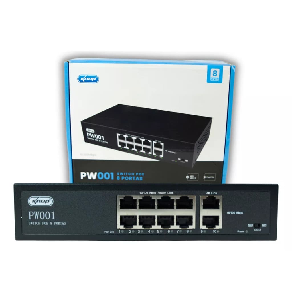 Switch 8 Portas Poe Ativo + 2 Uplink Câmeras Ip 10/100mb Knup