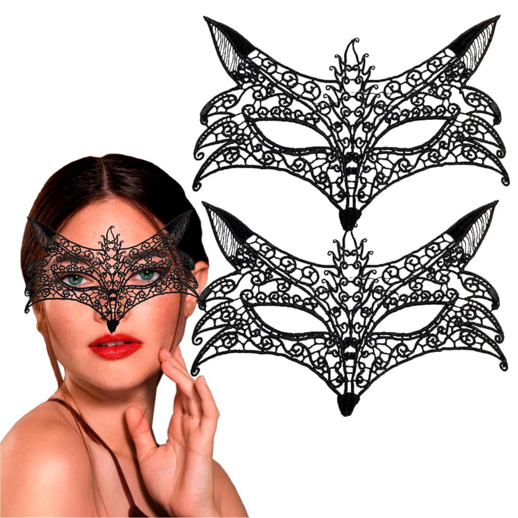 02 Máscaras de Renda Preta Olhos de Raposa Sexy Festa Baile Fantasia Carnaval