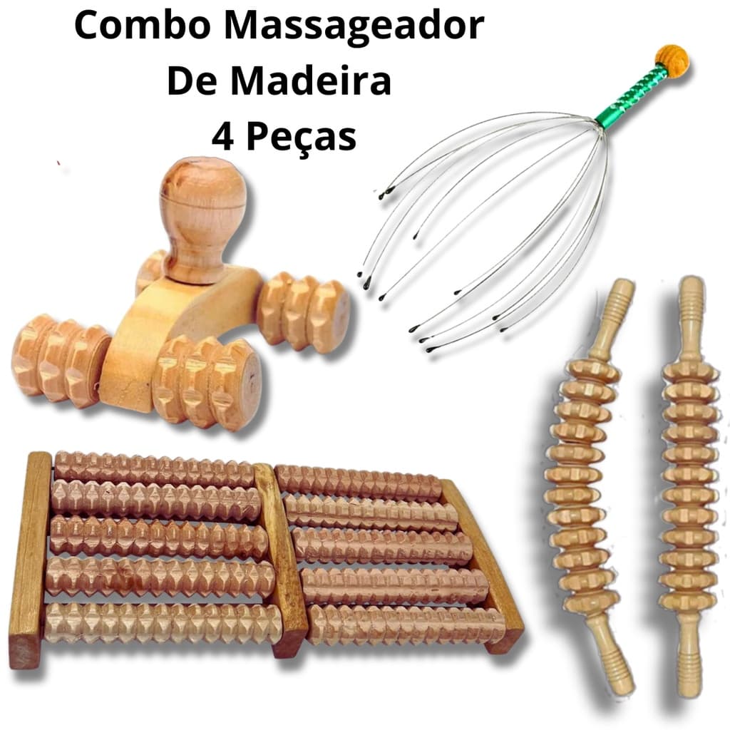 Combo massageador Rolo Bastao Massageador + para Pes  Modelador Relaxante Muscular Tratamento Celulite Maderoterapia