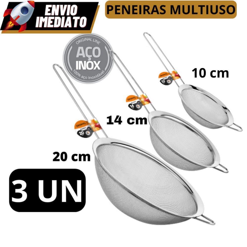 Kit 03 Peneira Coador Manual Em Aço Inox Para Cozinha 10cm 14cm 20cm