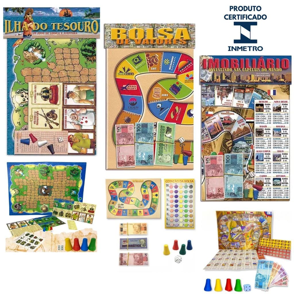 Kit 3 Jogo De Tabuleiro Mesa Ilha Do Tesouro + Banco Imobiliário + Bolsa de Valores