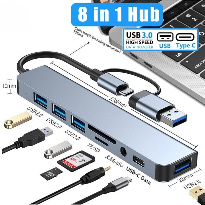 Hub USB 8 Em 1/C/Tipo Adaptador Docking Station Leitor De Cartão SD TF Unidade Flash De Áudio Para Laptop PC