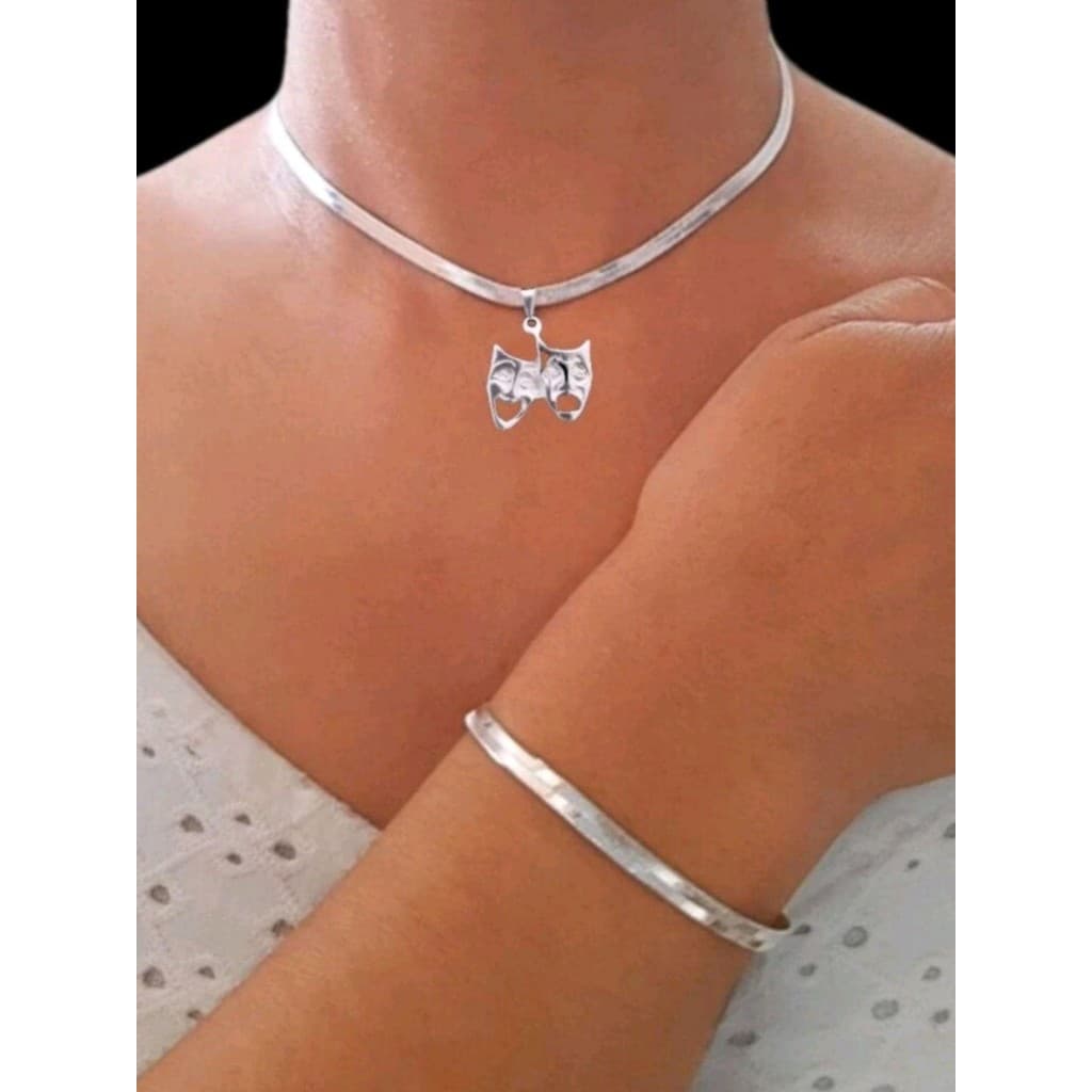 Kit Colar Laminado c/ Pulseira  Feminino + Pingente Chora Agora Rir Depois Banhado a Prata 925