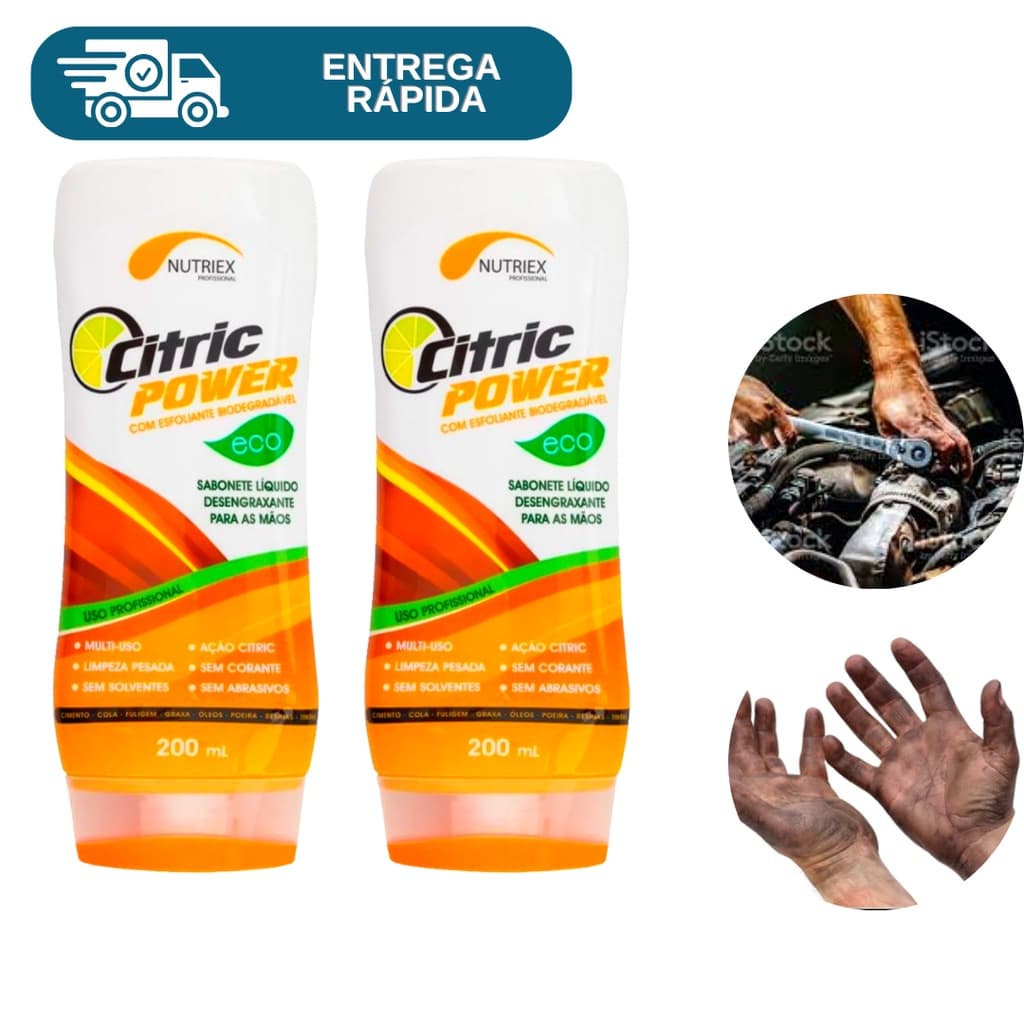Kit 2 Sabonete Liquido Desengraxante Com Esfoliante Nutriex Citric Power 200ml Limpeza Mãos Graxa