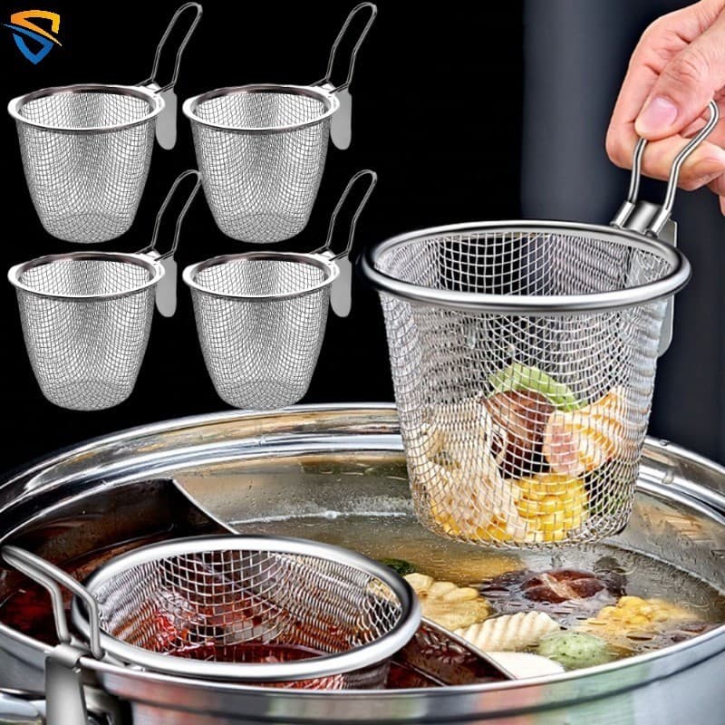 Cozinha Coador De Alimentos De Aço Inoxidável Cesta De Massa De Fervura Com Cabo Macarrão Para Fritar Malha De Arame Fino Pendurada