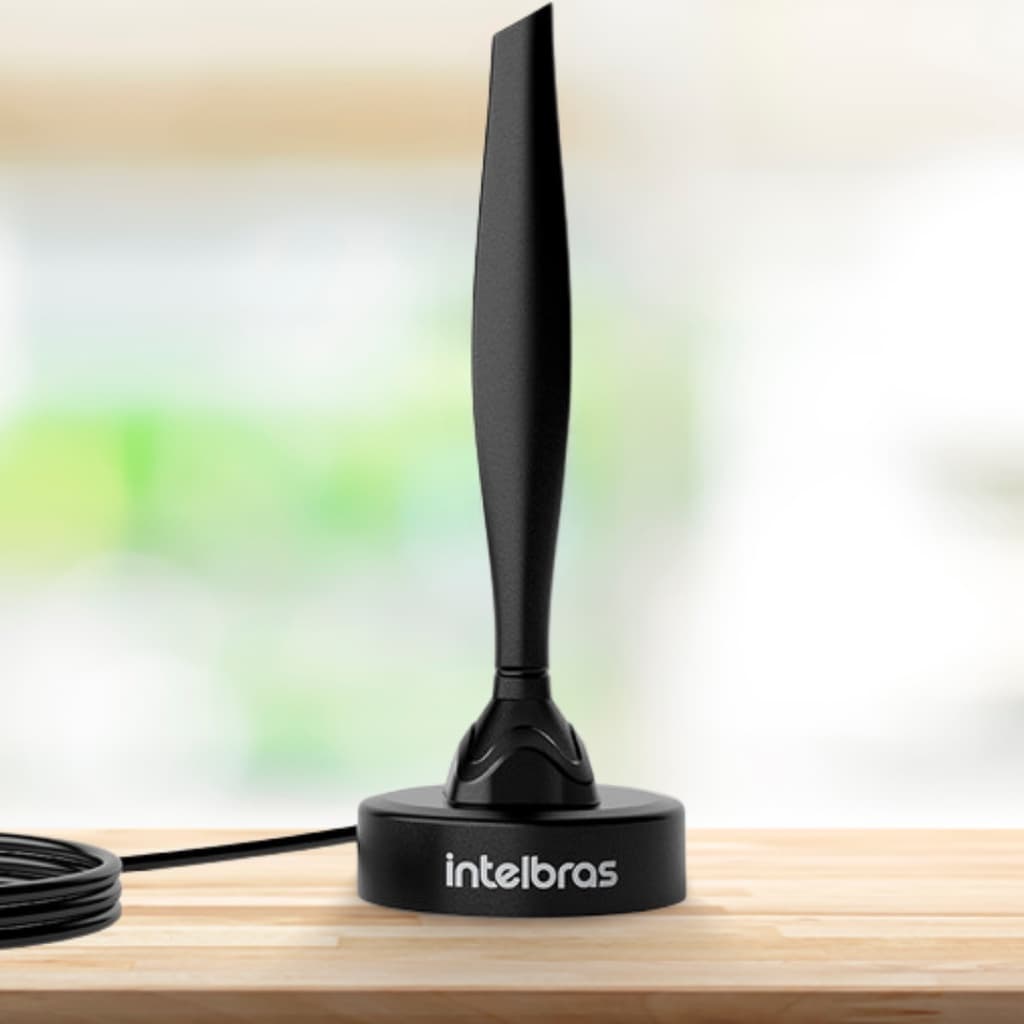 Antena Interna TV Digital Intelbras AI 1015 Preta Universal UHF-HDTV Imagens HD 4K Base Magnética Ímã Cabo Longo