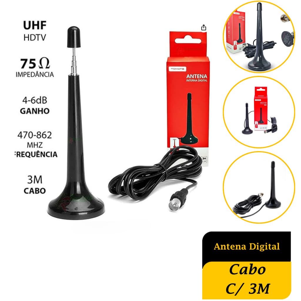 Antena Interna Digital Tv Digital Hdtv Dtv Tomate Cabo com 3 Metros
