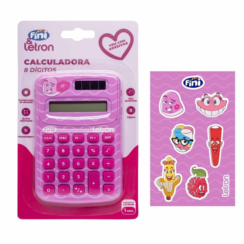 Calculadora 8 Dígitos com Energia Solar e Cartela de Adesivo Fini - Letron