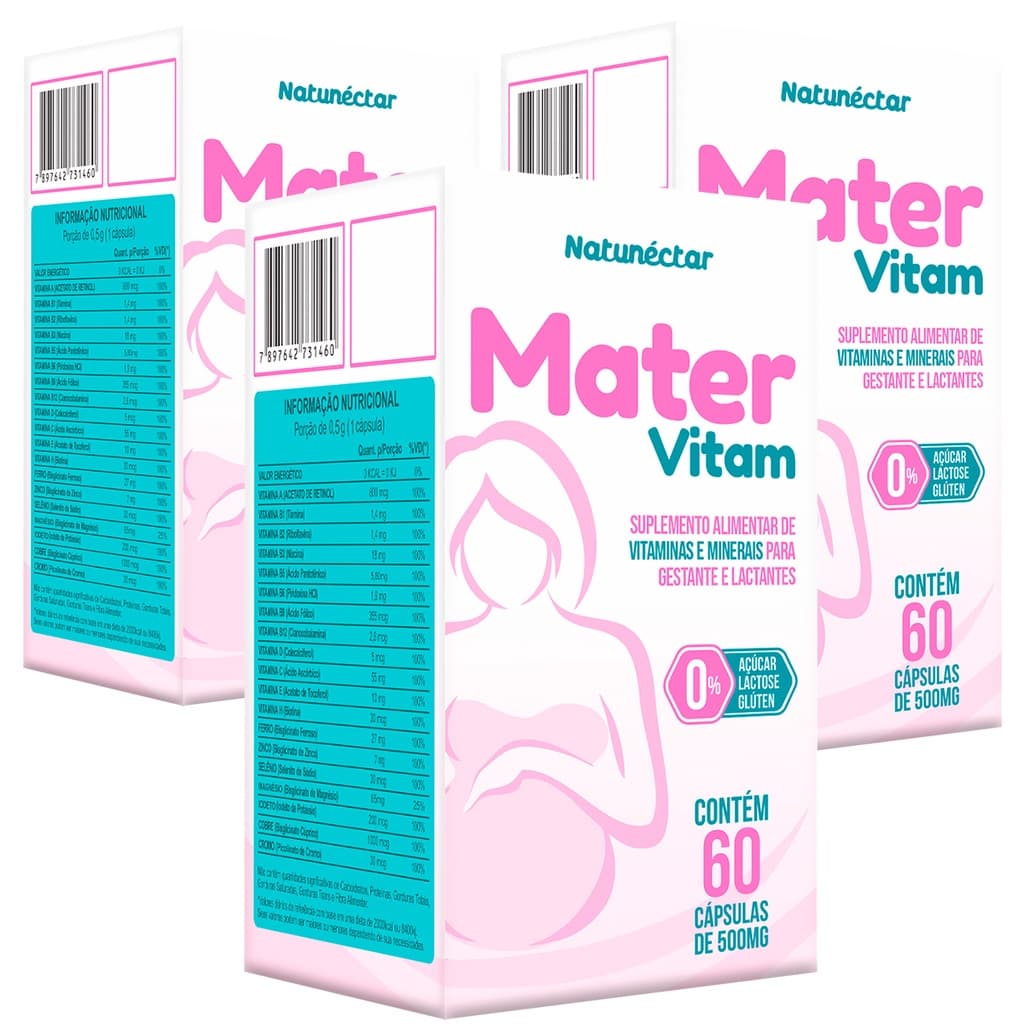 Kit 3 Potes Mater Vitam Suplemento Vitaminas e Minerais Gestante Lactantes Mamãe Natunectar 180 Caps