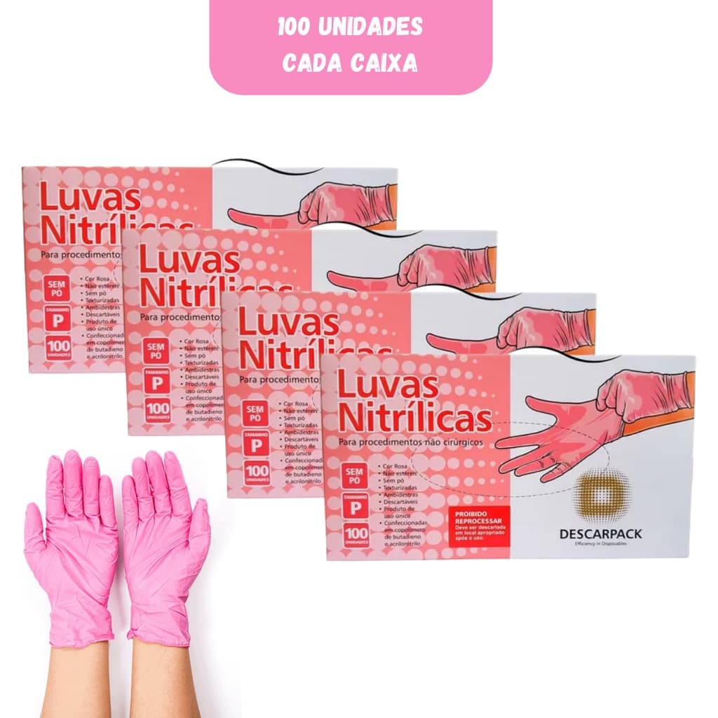 Kit com 4 Luva Nitrilica Tamanho P Rosa 100 Unidades Descarpack