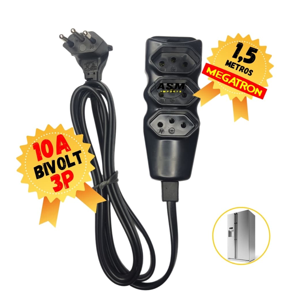 Extensão Eletrica 1,5 Metros P90 2 Pinos e 3 Pinos 10A 3 Tomadas Extensão De Energia Bivolt