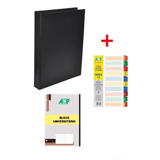 Fichário 4 Argolas Preto 250x335x40mm c Divisória Plástica C/10 c Bloco 96 Folhas