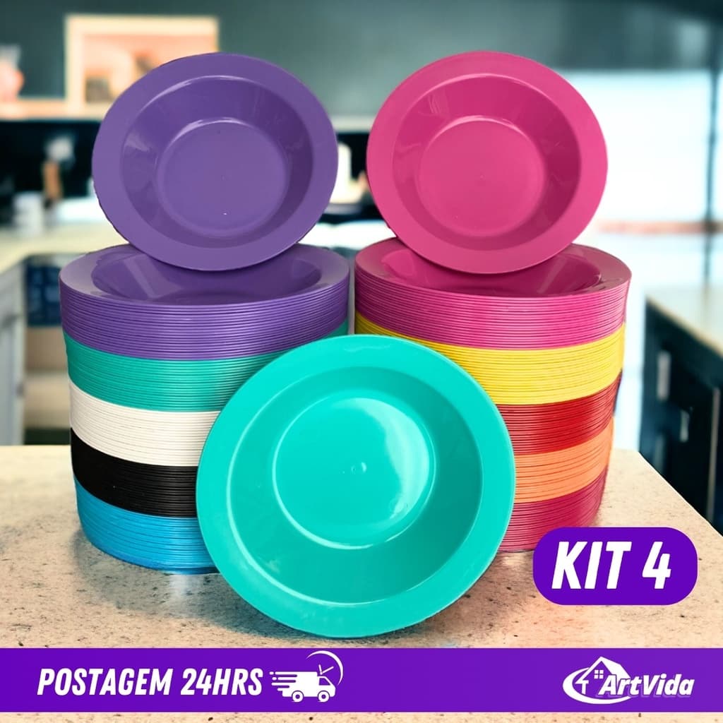 KIT 4 Pratos Redondo Fundo Plástico Merenda Crianças Não descartável Cores Variadas 22cm - ArtVida