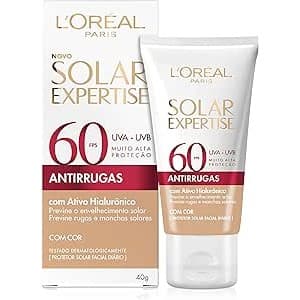 Protetor Solar Facial L'Oréal  Expertise Antirrugas Fator 60 com Ativo Hialurônico Com cor 40g