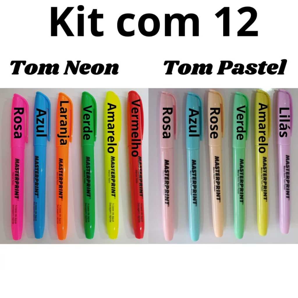 Kit 12 Canetas Marca Texto 6 Neon e 6 pastel Masterprint