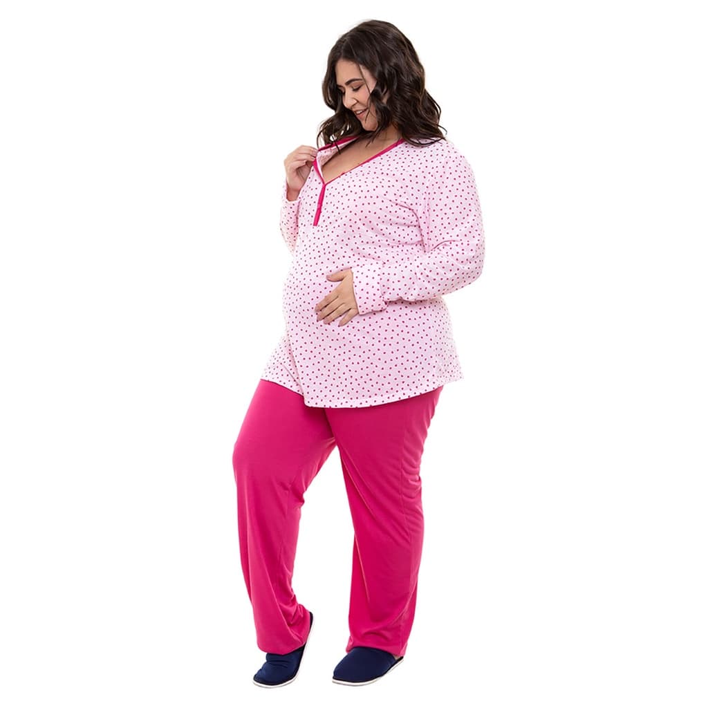 Pijama Plus Size Linda Gestante Inverno Maternidade Rosa Corações