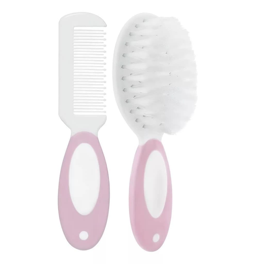 Kit Escova E Pente De Cabelo Bebe Infantil Cerdas Macias Buba Rosa