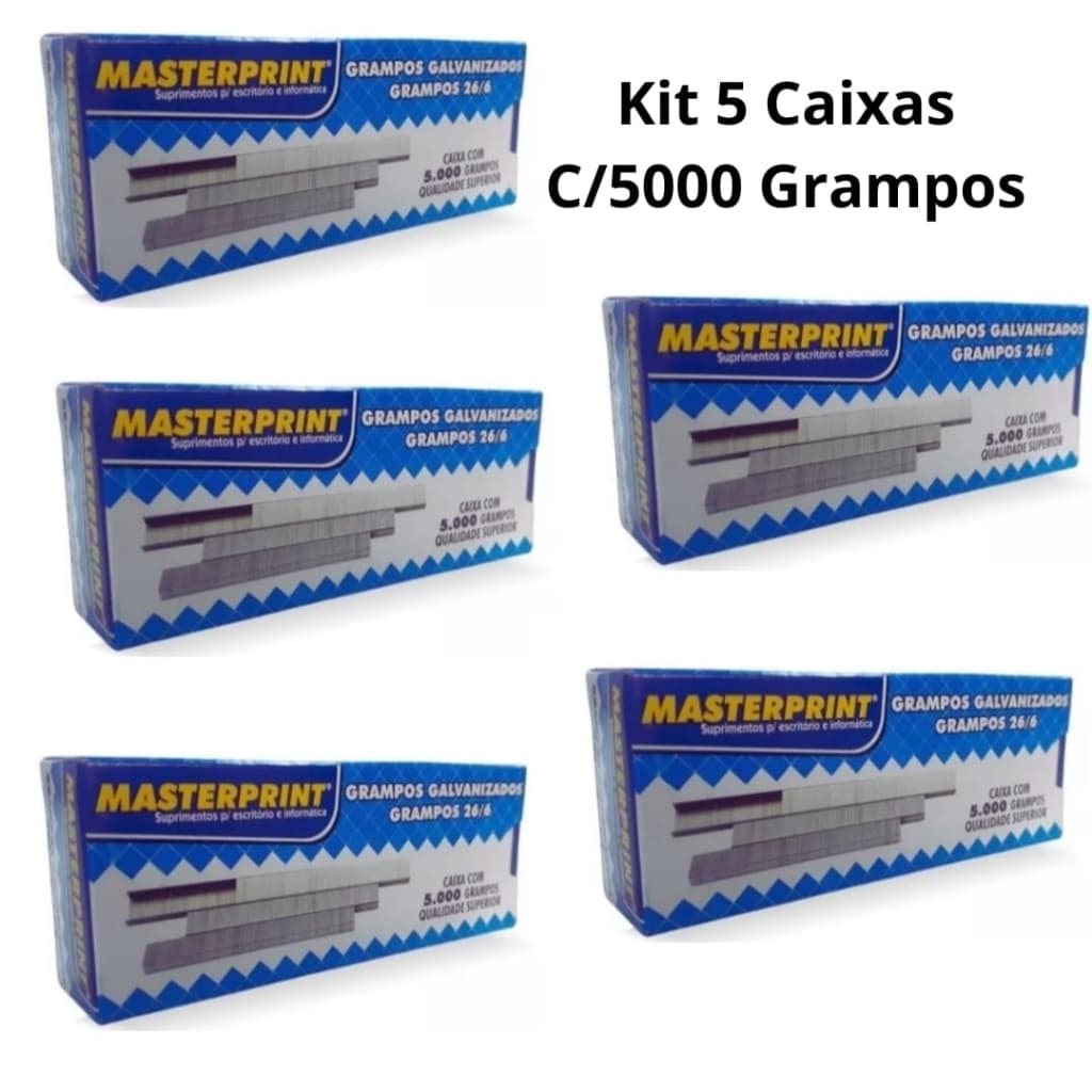 Kit 5 Caixas Grampos 26/6 Galvanizados C/5000 Unidades para Grampeador Masterprint