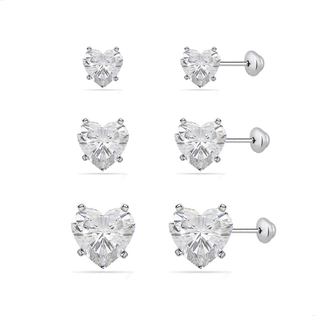 Brincos Prata 925 Kit Trio Infantil Bebê Ponto Luz Coração Tarraxa Baby