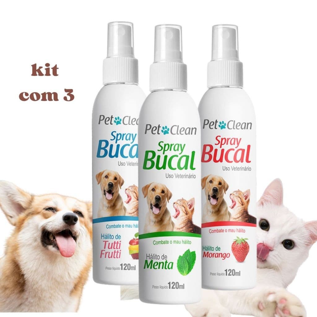Kit 3 Spray Bucal para Cachorros e Gatos Pet Clean Elimina o Mau Hálito