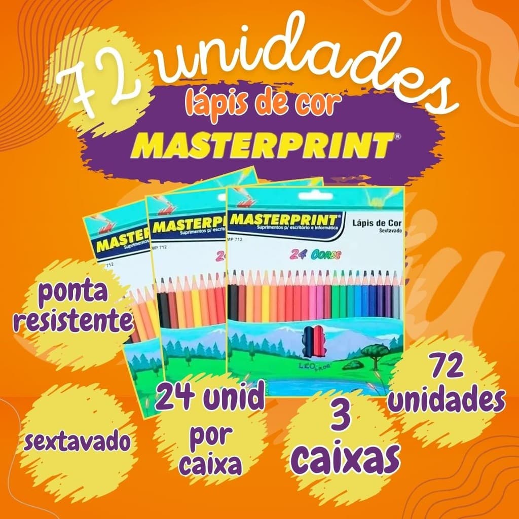 Kit 3 Caixa Lápis de Cor 24 Cores Vivas Masterprint Sextavado Total 72 Lapis