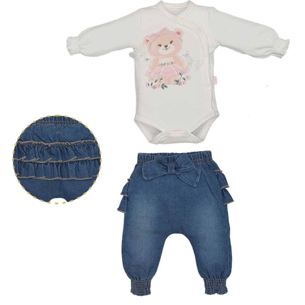 Conjunto Body Com Culote Bebê Menina Jeans Estampado Upi Uli
