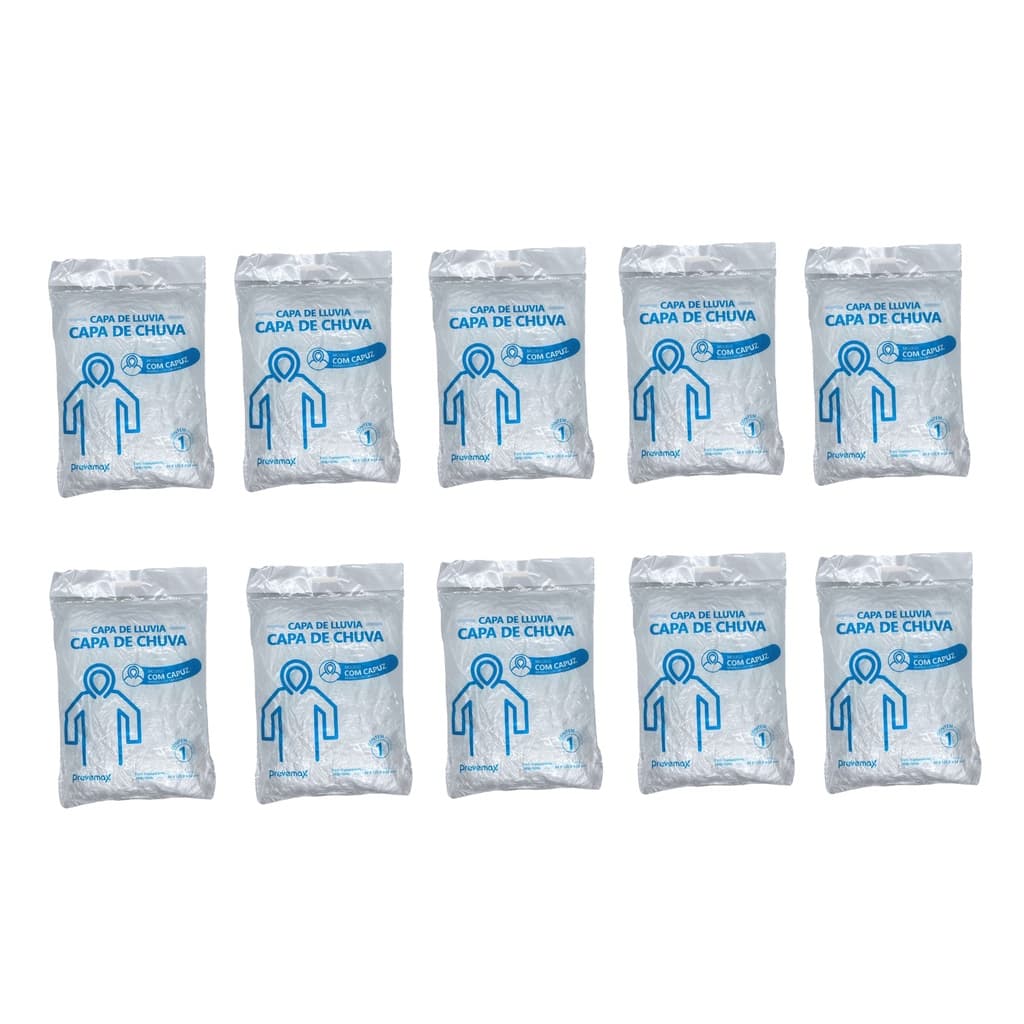 KIT 10 Capa de Chuva Transparente C/Capuz  S/Elástico no Punho - PREVEMAX