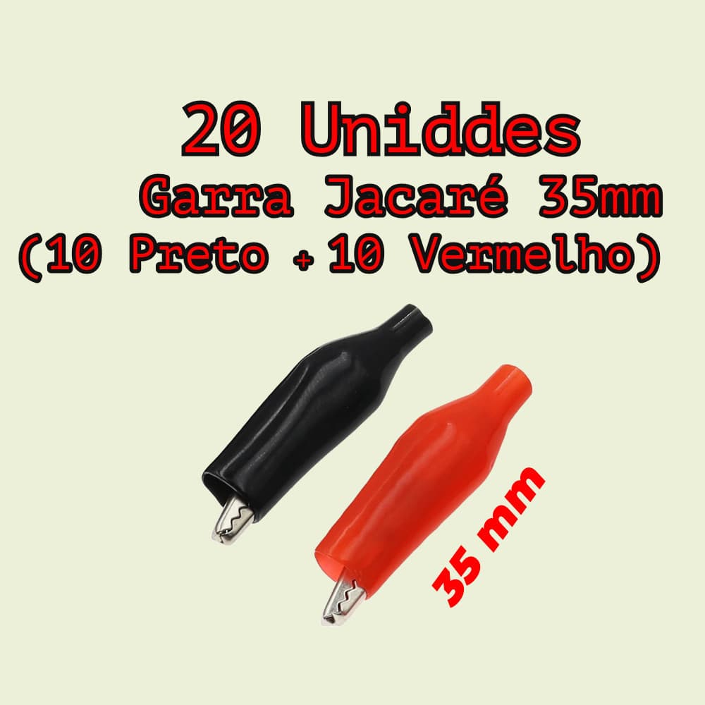20 unidades Garra Jacaré - Isolado - Medio 35mm (10 Preto + 10 Vermelho)