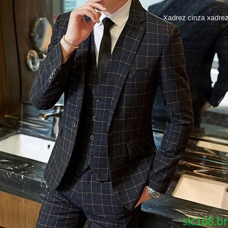 Terno Plaid Jacket Versão Coreana dos homens Slim-Fit Negócios Casual Melhor Vestido De Noivo De Noiva 34026