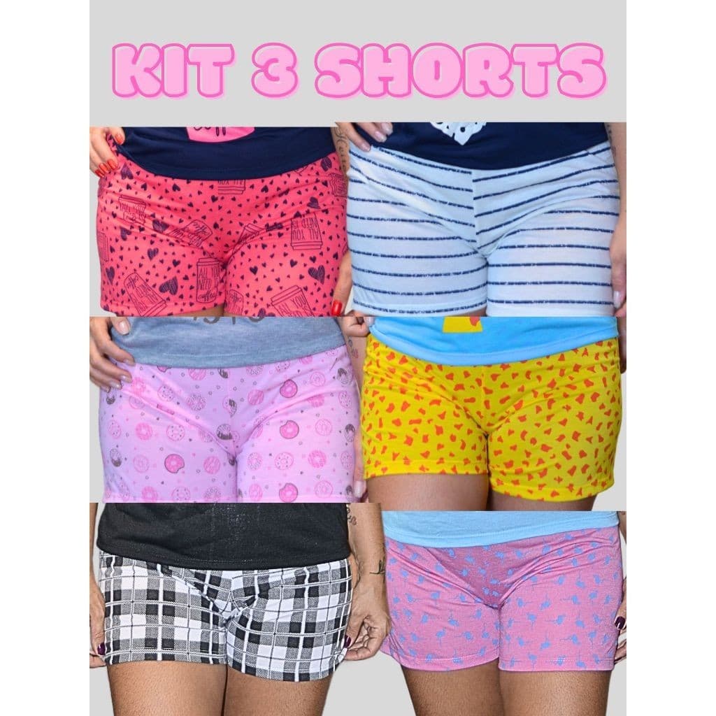 Kit com 3 Pijama Baby Doll Somente o Short Avulso Short de Malha Estampas Sortidas