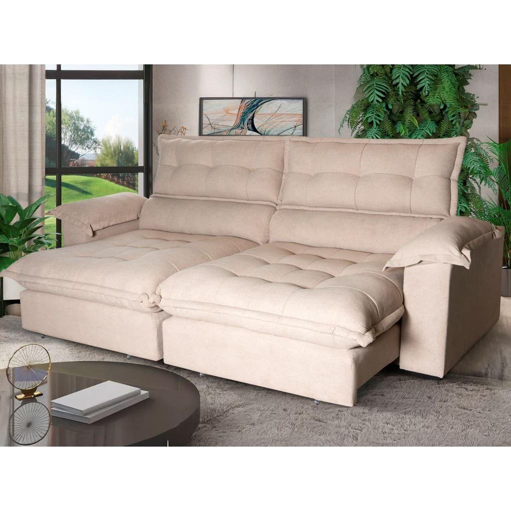 Sofá Retrátil Reclinável Aconchego 2,70m Bouclê Bege