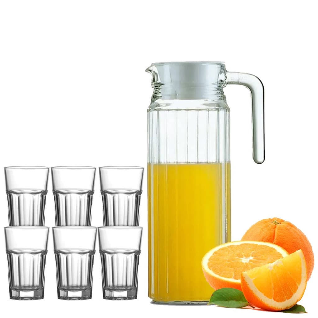 Jogo De Jarra 1l Com 6 Copos 350ml Em Vidro Para Água Suco