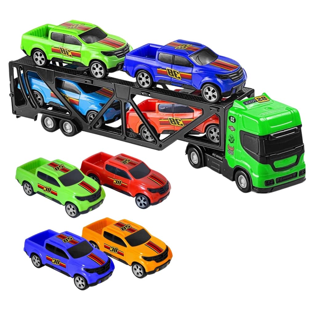 Caminhão Cegonheiro Brinquedo Com Rampa + 4 Carrinhos Brincadeira de Transporte Infantil Divertido