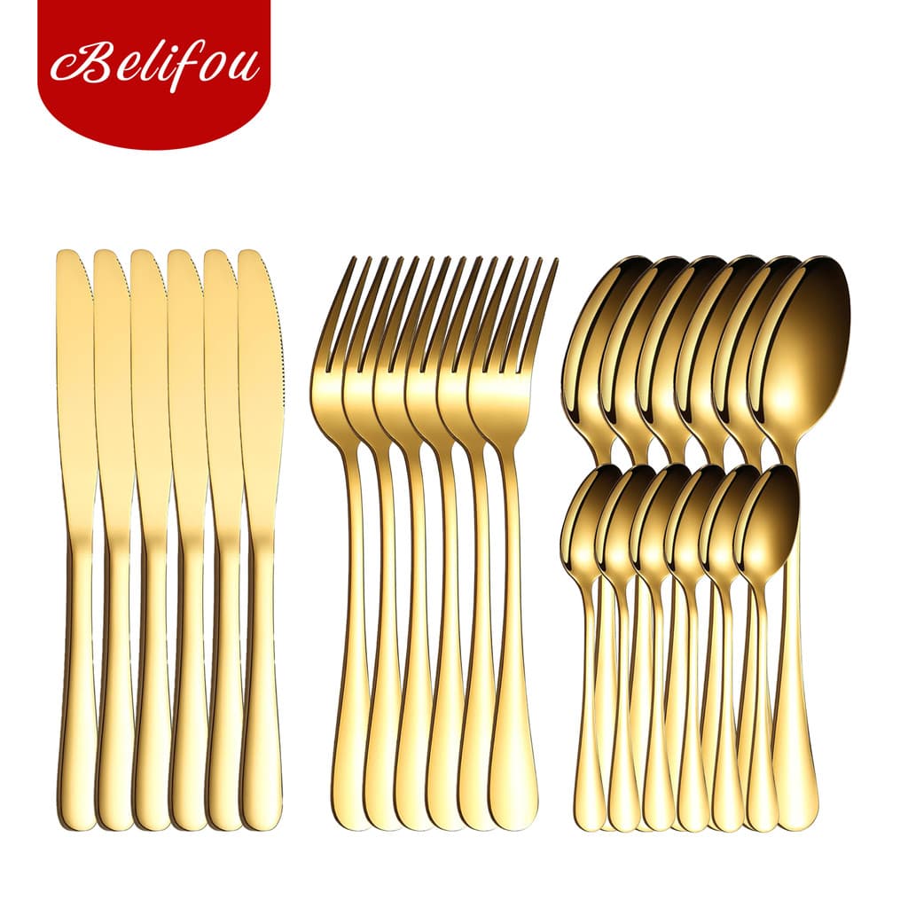 Belifou Kit 24 Jogo De Talheres Para Bife Aço Inoxidável 416 Dourados Com Colher Pequena