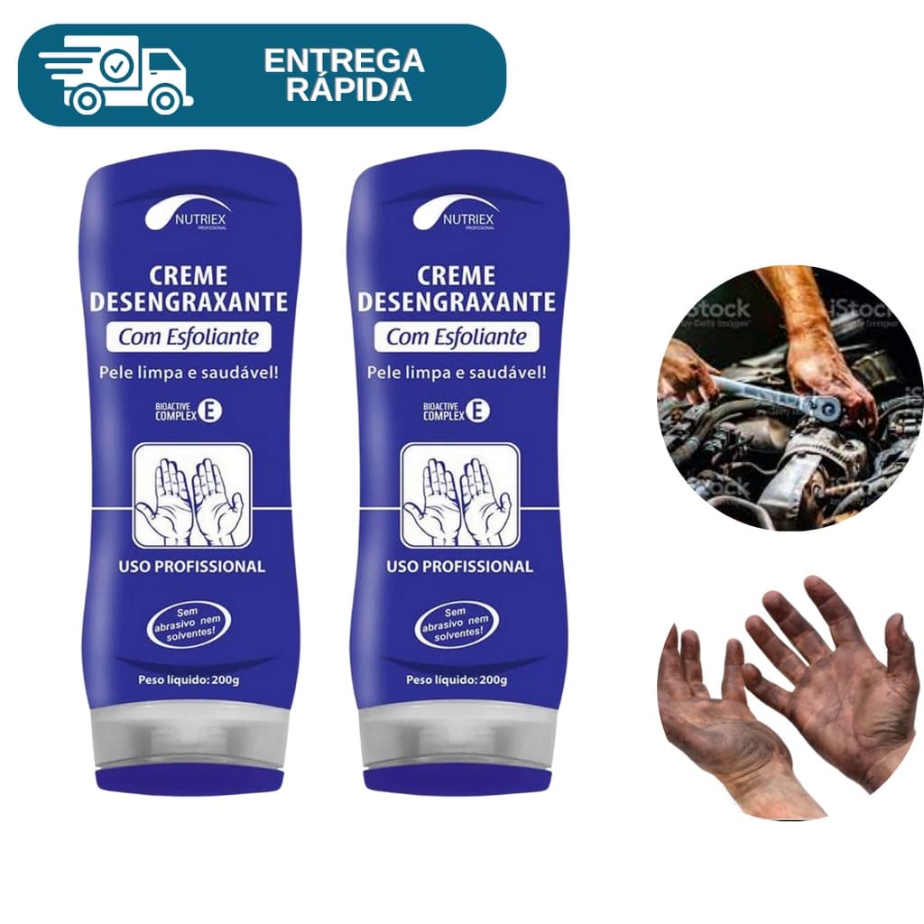 Kit 2 Creme Desengraxante Com Esfoliante 200g Nutriex Limpeza Das Mãos Remove Graxa Óleo Poeira Pó