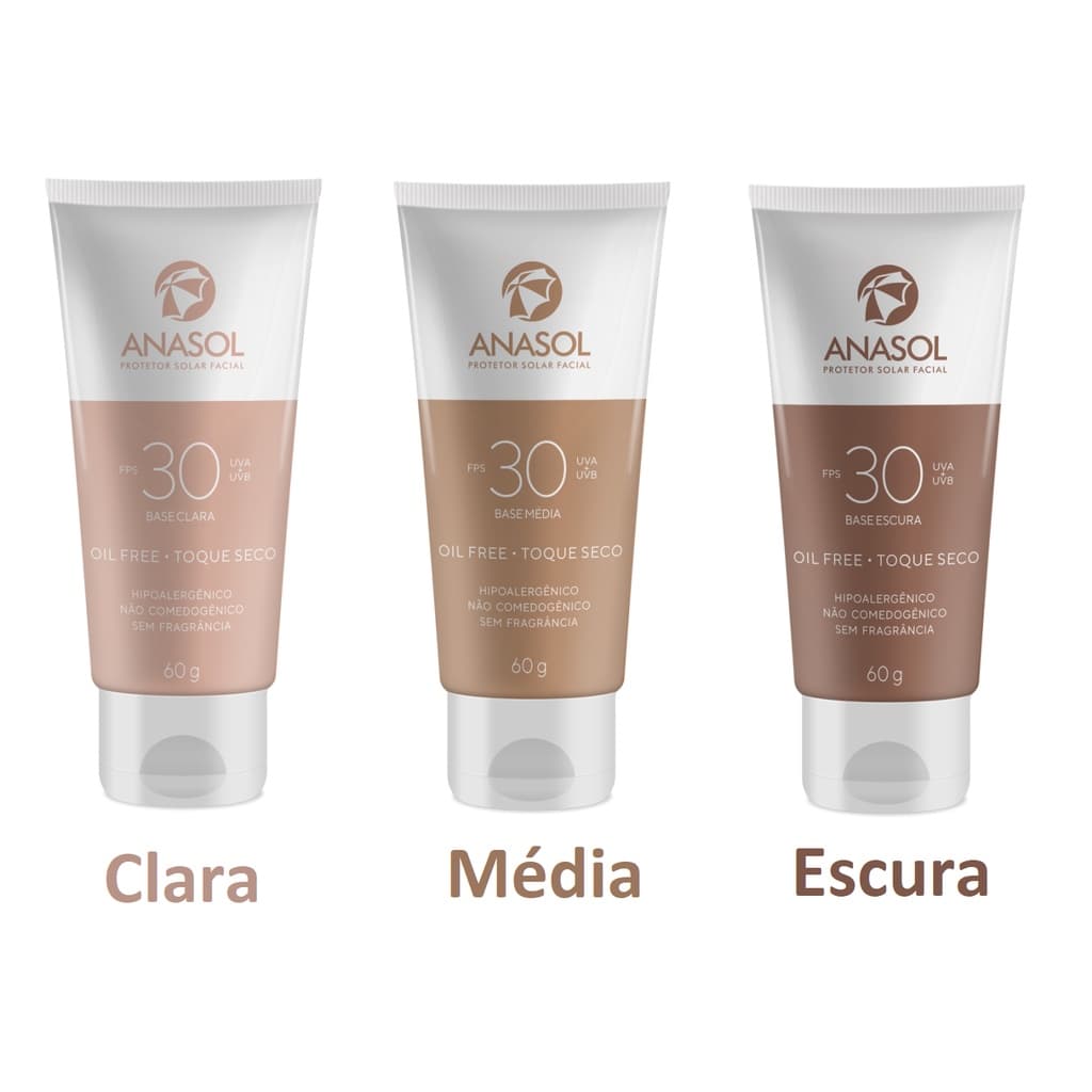Protetor Solar Facial Base Média ou Clara ou Escura Anasol FPS 30 Com cor 60g