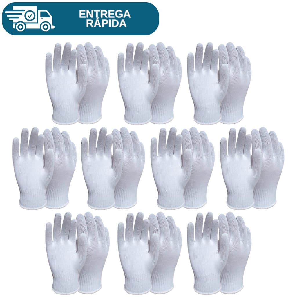 Kit 10 Prs Luva Tricotada Malha Helanca Poliamida Branca De Proteção Lisa P/ Pedreiro Manutenção Epi