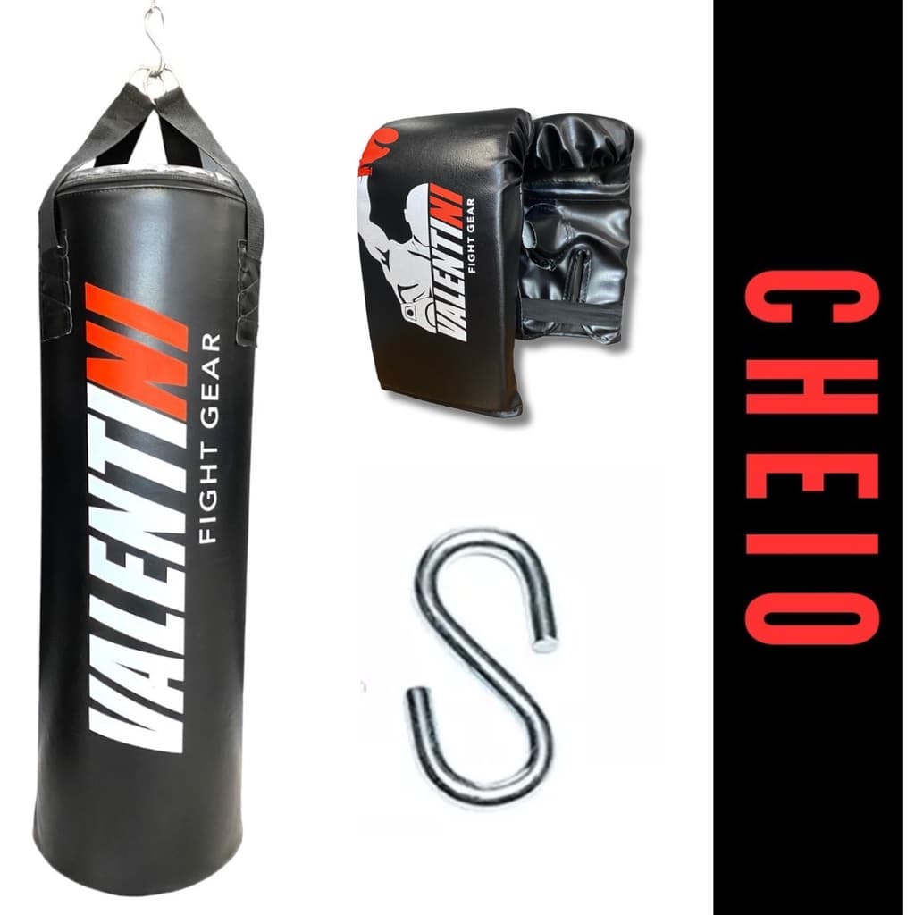 Saco de Pancada VALENTINI  90 cm Cheio - Treino Boxe Muay Thai  - Alta Resistencia + 1 Luva Bate Saco Preta
