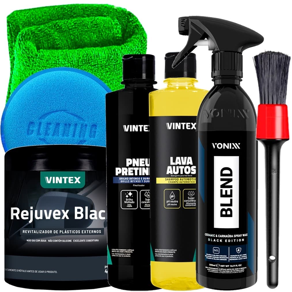 Kit Automotivo Completo Vonixx Vintex Blend Black Lava Autos Pneu Pretinho Rejuvex Black Pincel Aplicador Toalha Karbox