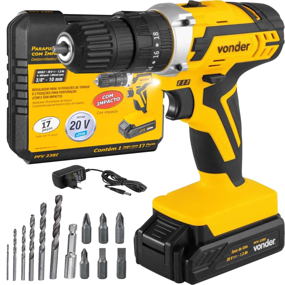 Parafusadeira Furadeira de Impacto 20v Sem Fio Com Maleta Broca e Bits PFV238I Vonder