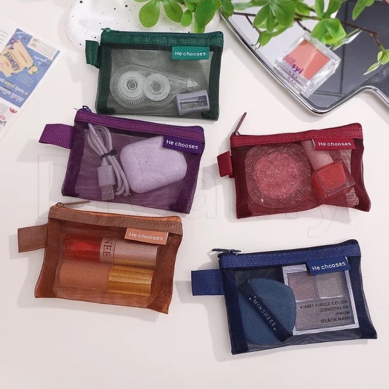 Mini Bolsa De Malha Quadrada-Moedas Com Zíper Transparente De Nylon Vintage Portátil De Maquiagem Para Viagem Papelaria Estudantes