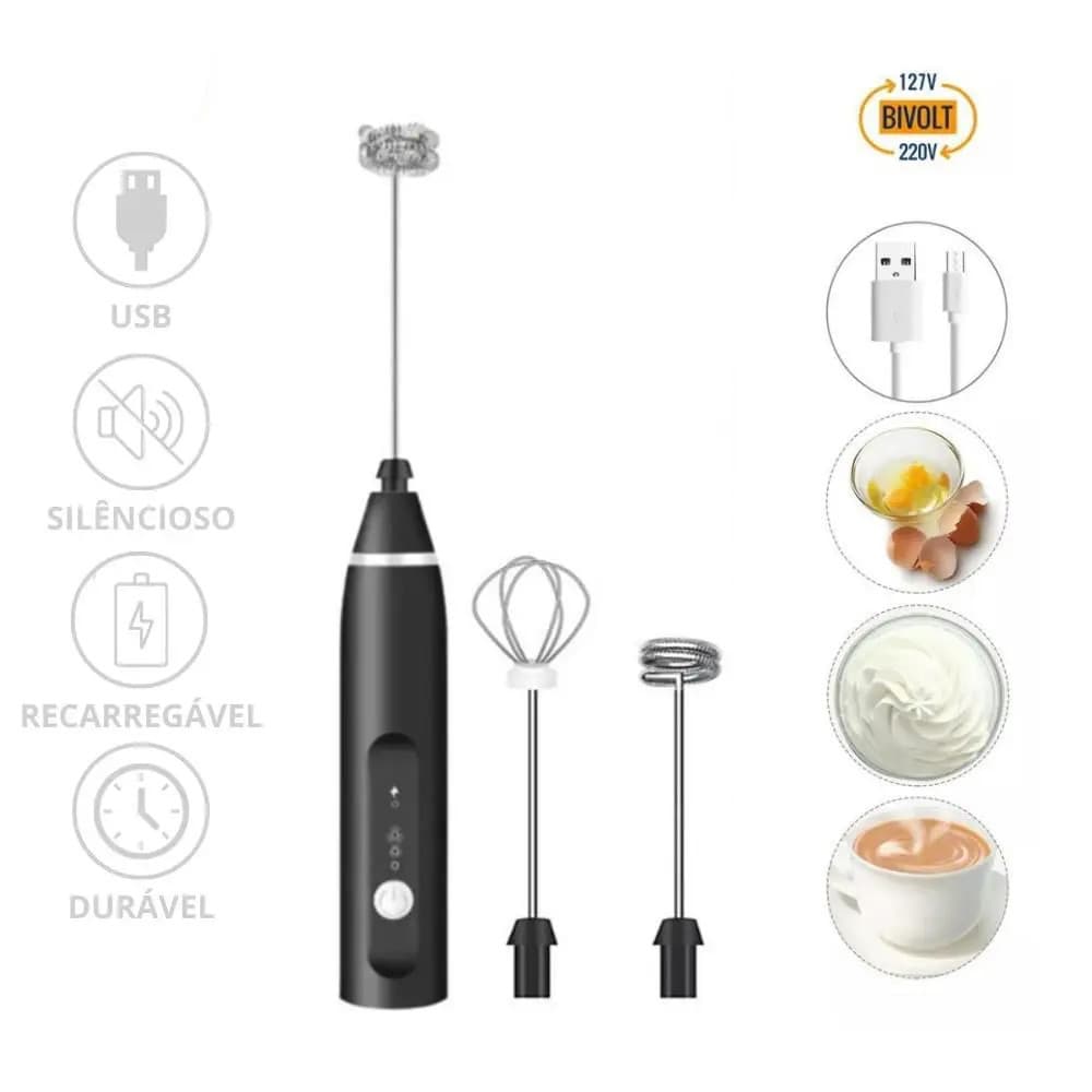 Mini Mixer Portátil  2 em 1 - 3 Velocidades Misturador de Bebidas Batedor Espumador de Leite USB Recarregável Cozinha