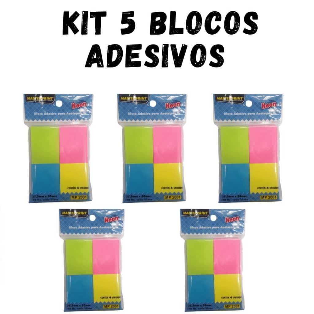 Kit 5 Blocos Adesivo Neon para Anotações 4 cores 2000 Folhas Masterprint