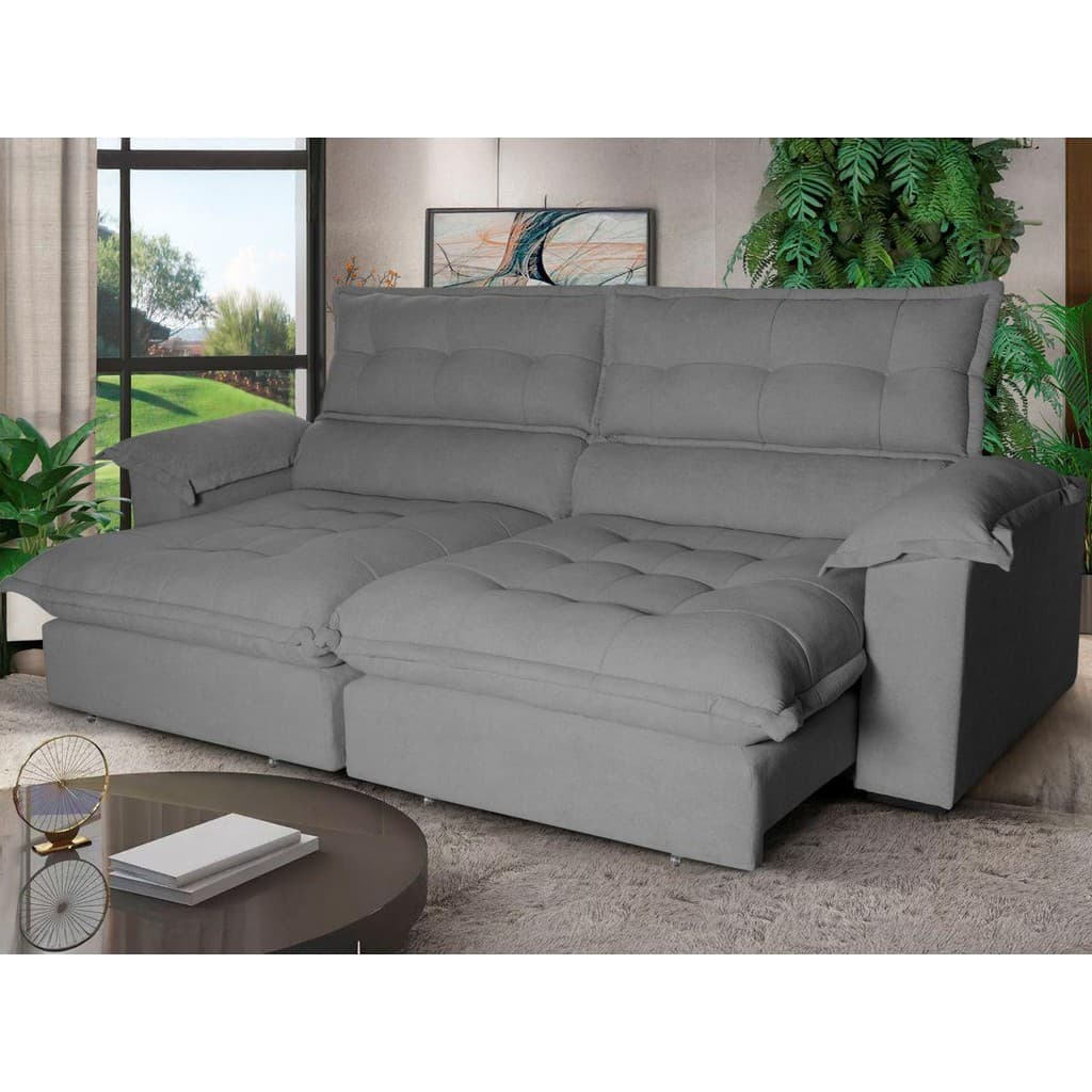 Sofá Retrátil Reclinável Aconchego 2,50m Bouclê Cinza