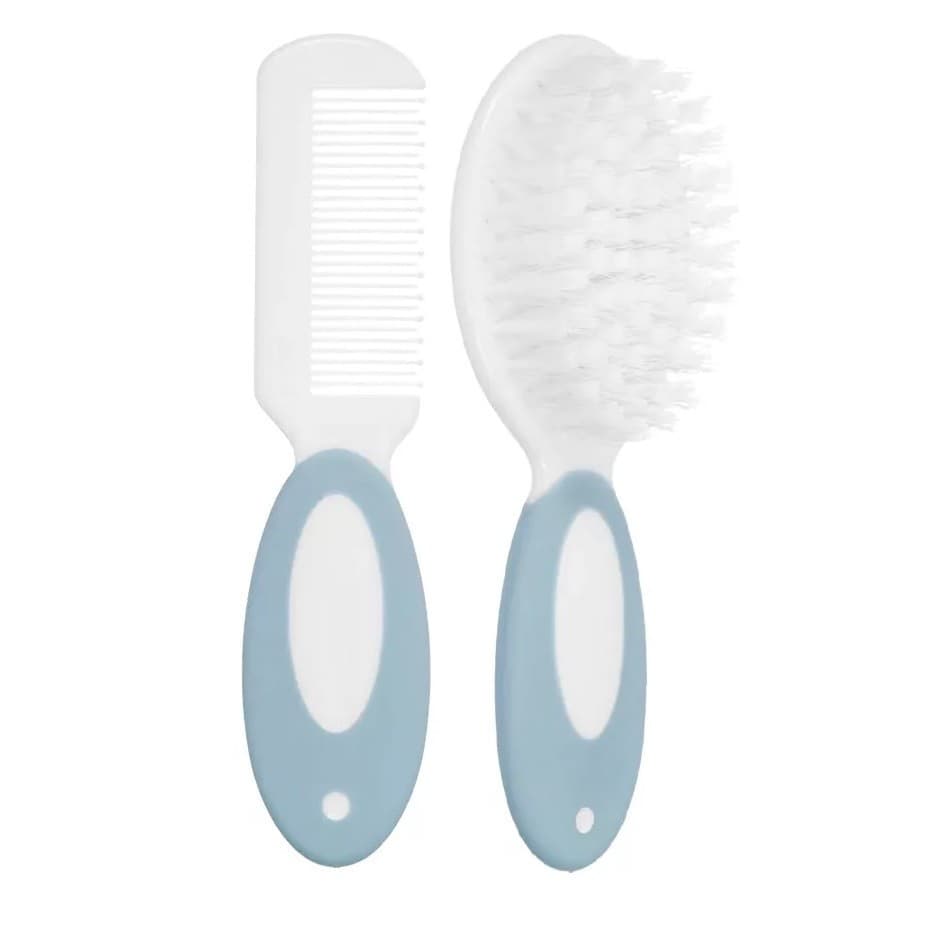 Kit Escova E Pente De Cabelo Bebe Infantil Cerdas Macias Buba Azul